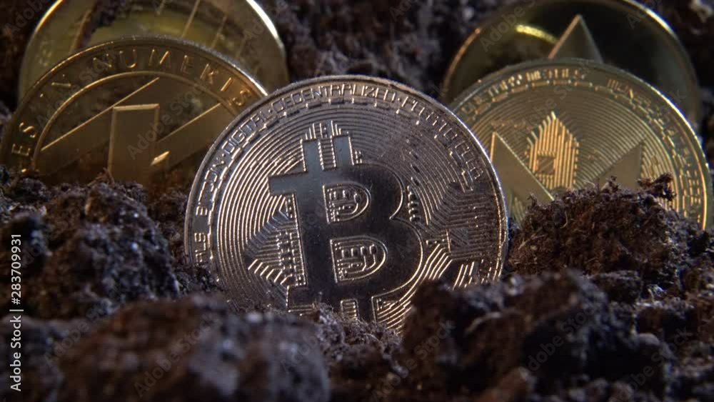 Silver bitcoin crypto currency coin in the dirt ground with others in the back: Litecoin, Ripple, Monerd, Ethereum coin. Digital currency, block chain market, online business