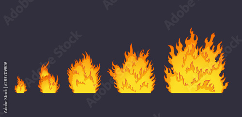 Cartoon explosion fire effect. Effect boom, explode flash, bomb comic book, vector illustration. Animation for game of the explosion effect, broken into separate frames.