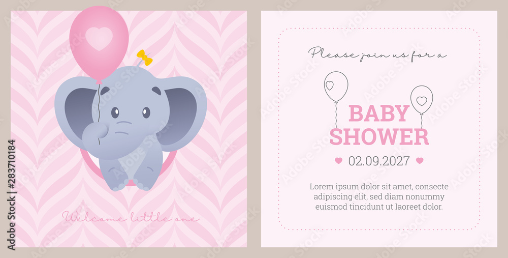 Vector template baby shower invitation card with animal cartoon little elephant. Pink background with texture and sample text.