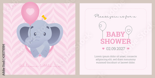 Vector template baby shower invitation card with animal cartoon little elephant. Pink background with texture and sample text.