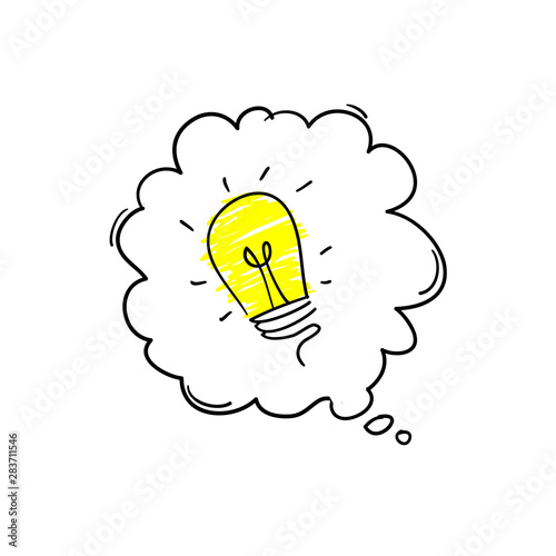 light bulb and speech bubble hand drawn doodle style vector symbol for idea