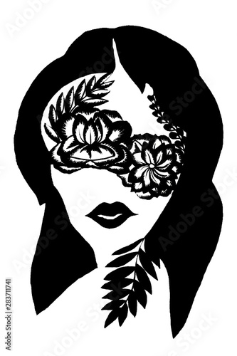 Stylized portrait of a girl with flowers on eyes in the style of tattoo on the white background