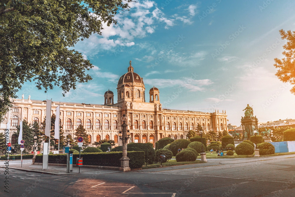 Panoramic cityscape view of the Fine Arts Museum at Maria Theresien Square in Vienna at sunset, Travel landmark in Austria concept