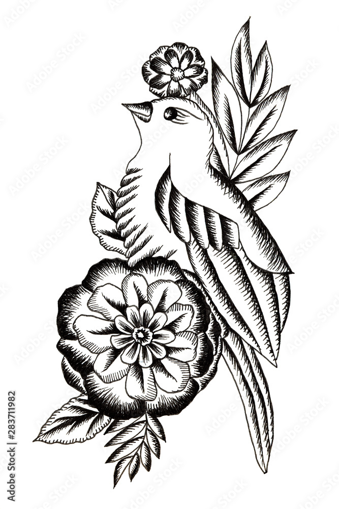 Black tattoo sketch with bird and flowers on the white background Black tattoo sketch with bird and flowers on the white background