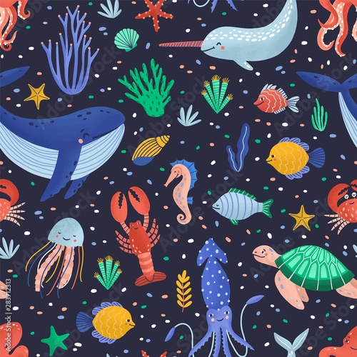 Childish seamless pattern with happy marine animals or funny underwater creatures living in sea. Ocean fauna on black background. Flat cartoon vector illustration for wrapping paper, wallpaper.