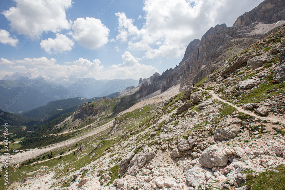 Obraz premium Mugoni's small mountain group Cima Sud South summit and Zigolade pass as seen f in the middle of Catinaccio Rosengarten massif, Dolomites, Sout Tyrol, Italy