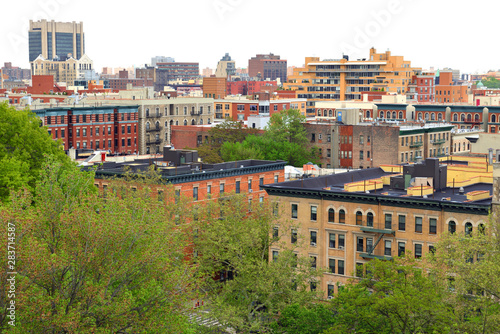 Urban view of South Harlem and Morningside Park from Morningside Drive in Morningside Heights neighborhood of Manhattan, New York City, United States