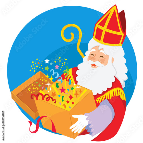 Happy cartoon Sinterklaas holding a magical box of surprises