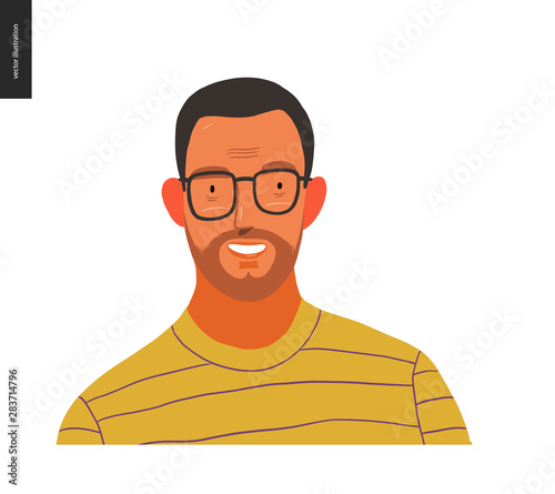 Real people portrait - hand drawn flat style vector design concept illustration of a young brunette man wearing glasses, face and shoulders avatar. Flat style vector icon