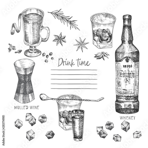 Vintage hand drawn sketch design bar, restaurant, cafe menu on white background. Graphic vector art. Iwhiskey with ice and mulled wine Creative template for flyer, banner, poster, brochure.
