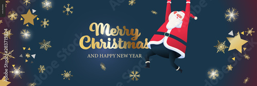 Hanging Santa Claus - Christmas web banner - modern flat vector concept illustration of cheerful Santa Claus hanging on his hands in the night starred sky, stars and snow golden elements