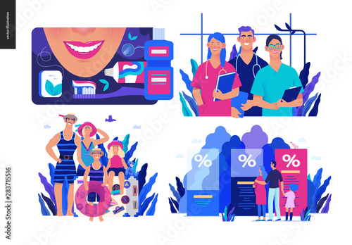 Set of medical insurance illustrations - dental care, internship jobs, travel insurance, health insurance plans - modern flat vector concept digital illustrations, medical insurance plan metaphor