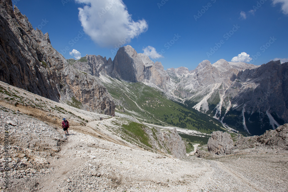 Mugoni's small mountain group Cima Sud South summit and Zigolade pass as seen f in the middle of Catinaccio Rosengarten massif, Dolomites, Sout Tyrol, Italy