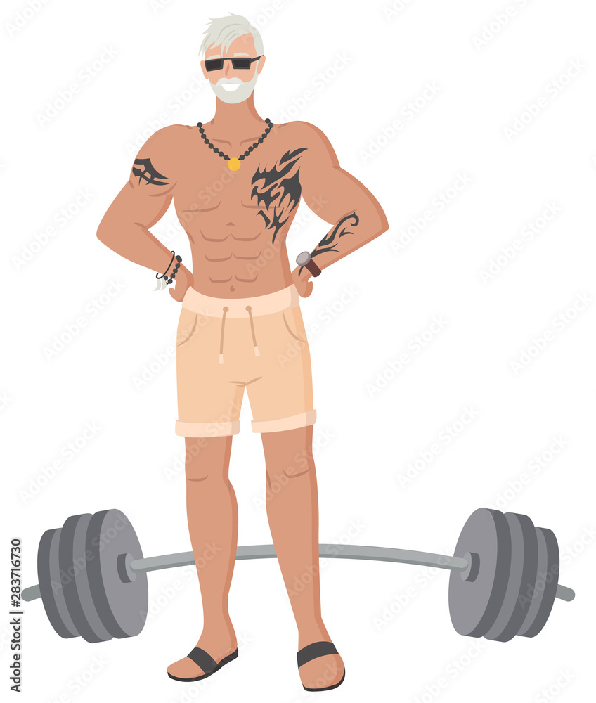 Old grey-haired man in gym vector, isolated senior person with tattoo flat style. Workout weightlifter grandfather hipster bodybuilder training with barbell. Muscles of personage Old grey-haired man in gym vector, isolated senior person with tattoo flat style. Workout weightlifter grandfather hipster bodybuilder training with barbell. Muscles of personage