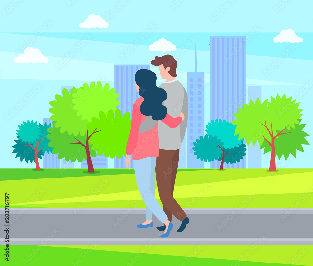 Embracing people in love and summer season, man and woman walking outdoors, buildings on background. Vector hugging couple back view, happy lovers
