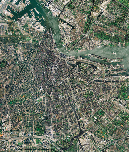 Fotografie, Obraz High resolution Satellite image of Amsterdam, Netherlands (Isolated imagery of the Netherlands