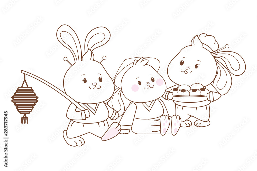 Rabbits celebrating mid autumn festival cartoons in black and white Rabbits celebrating mid autumn festival cartoons in black and white
