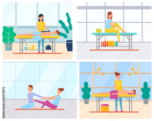 Masseuses giving relaxation to clients vector, woman laying on massage table, self-massage. Treatment of body skin, people in spa salon relaxed lady
