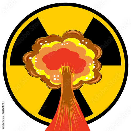 Nuclear Burst. Cartoon Bomb Explosion. Radioactive Atomic Power. Symbol of War. Big Mushroom Cloud. Ionizing Radiation Sign. Radioactive Contamination Symbol. Warning Danger Hazard.