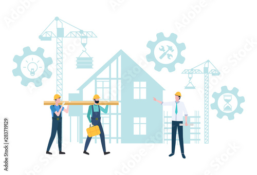 Boss with workers vector, man looking at employees, designer with people wearing helmets,crane lifting heavy blocks and bricks, house construction