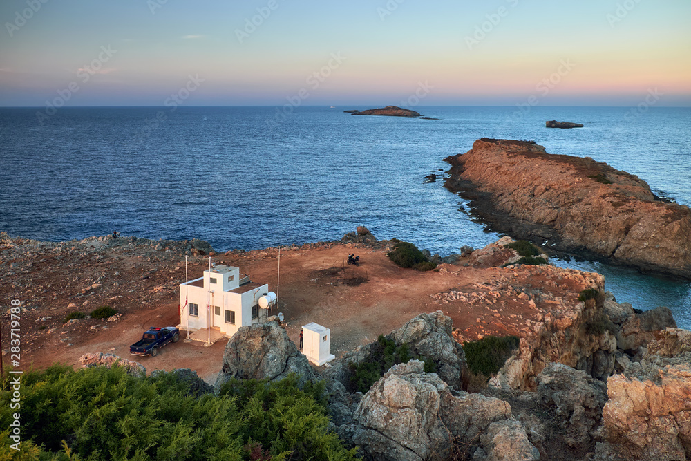 View to the house of workers of the coastline and Kleides Islands. Afroditi Akraia. Dipcarpaz, National park.