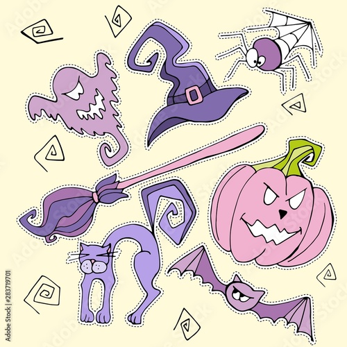 Hand drawn Halloween set stickers, cartoon symbols pumpkin, broom, spider, bat, cat, witch hat, ghost, cast