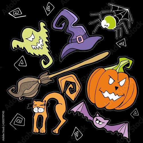 Hand drawn Halloween set stickers, cartoon symbols pumpkin, broom, spider, bat, cat, witch hat, ghost, cast