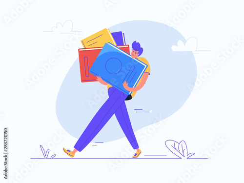 Young man carrying heavy book for school or college education. Flat modern concept vector illustration of burden of huge knowledge during lifetime. Casual design on white background