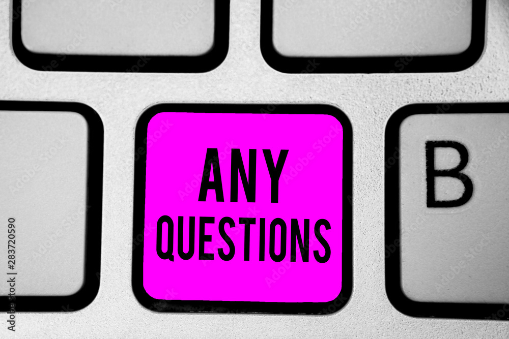 Conceptual hand writing showing Any Questions. Business photo text Clueless Blank face Inquiry Disputes Probes Issues Riddles Keyboard purple key Intention create computer reflection document Conceptual hand writing showing Any Questions. Business photo text Clueless Blank face Inquiry Disputes Probes Issues Riddles Keyboard purple key Intention create computer reflection document