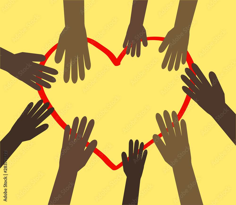 Fototapeta premium Hands of various black people and a red heart on a beige background. Vector illustration.