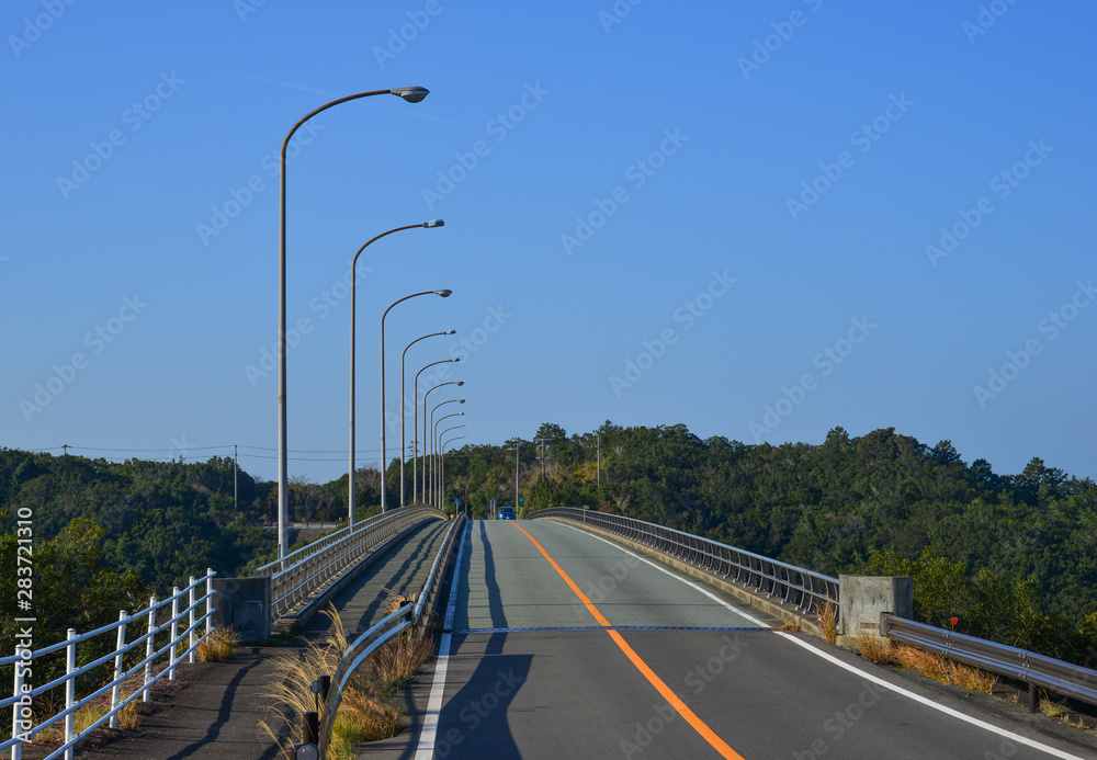 Road with bridge and tree nature in sunlight