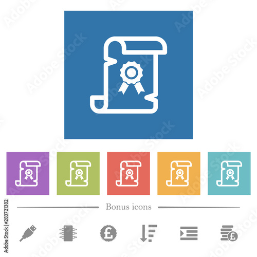 Old certificate flat white icons in square backgrounds