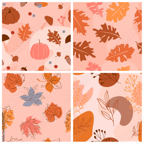 Set of abstract autumn seamless pattern with autumn elements, shapes and plants in one line style. Vector illustration