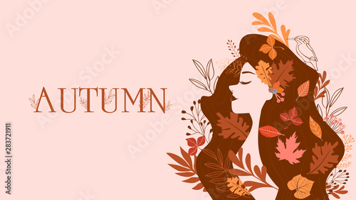 Autumn trendy illustration with elegant woman with autumn leaves in her hair. Editable vector illustration.
