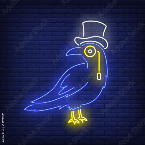 Crow wearing topper hat and monocle neon sign