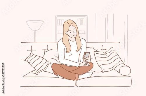 Young smiling attractive woman or girl using a smartphone writes or speaks at home. Concept of communication, comfort, smart. Cartoon flat Design Isolated Vector illustration