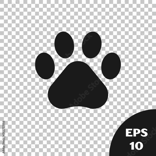 Black Paw print icon isolated on transparent background. Dog or cat paw print. Animal track. Vector Illustration