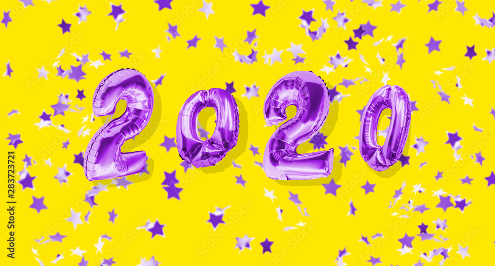 New year decoration 2020. Inflatable violet Numbers on the abstraсt yellow Background.Happy New Year and christmas  concept with copy space.