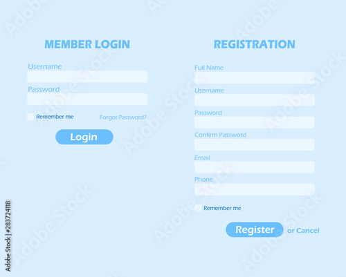 Login and registration page. Member login and registration form.