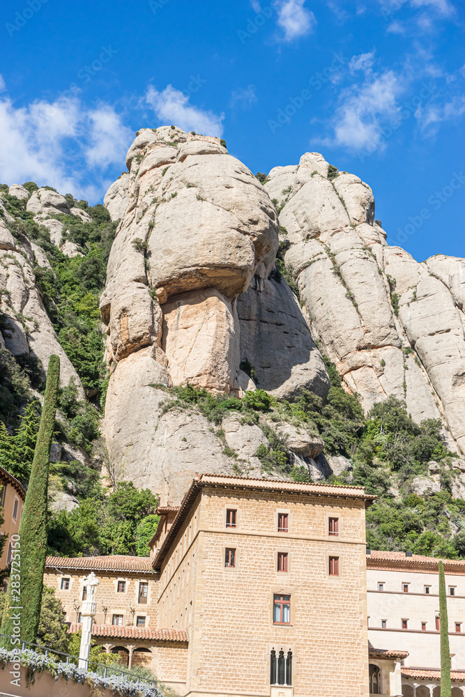 Obraz premium Sanctuary of Our Lady of Montserrat, place of worship on top of the mountain. Montserrat is a rock massif traditionally considered the most important and significant mountain in Catalonia, Spain
