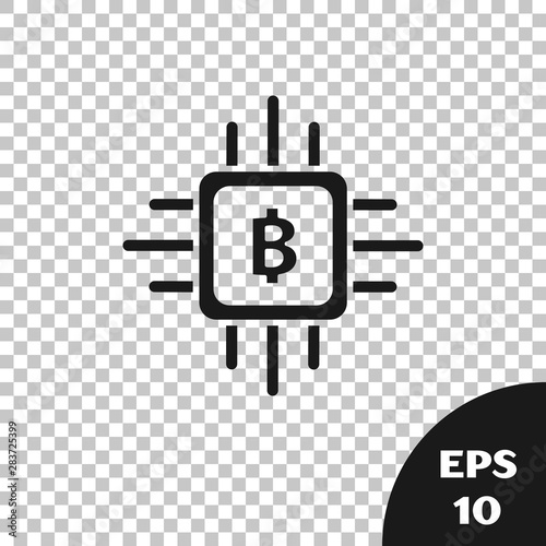 Black CPU mining farm icon isolated on transparent background. Bitcoin sign inside processor. Cryptocurrency mining community. Digital money. Vector Illustration