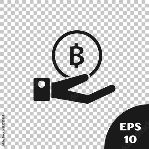 Black Hand holding Bitcoin icon isolated on transparent background. Blockchain technology, digital money market, cryptocoin wallet. Vector Illustration
