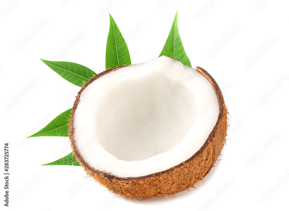 half of coconut with green leaves isolated on white background half of coconut with green leaves isolated on white background