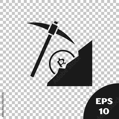 Black Cryptocurrency cloud mining icon isolated on transparent background. Cloud with pickaxe, bitcoin, digital money market, cryptocoin wallet. Vector Illustration