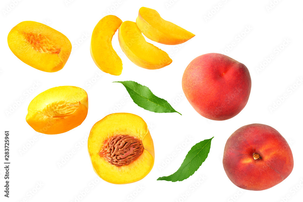 peach fruit with green leaf and slices isolated on white background. top view peach fruit with green leaf and slices isolated on white background. top view