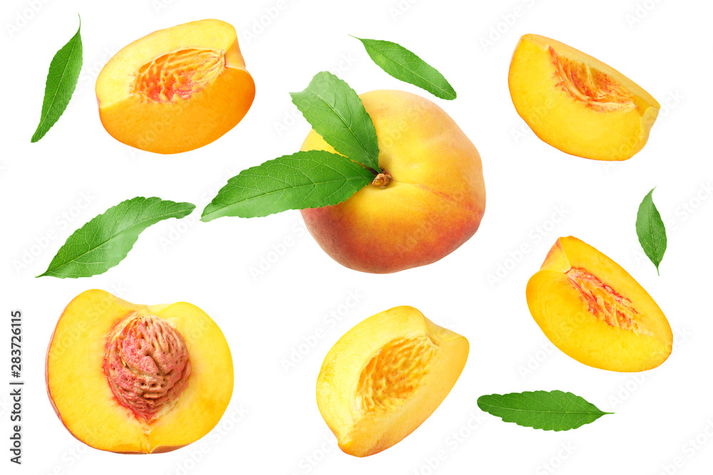 peach fruit with green leaf and slices isolated on white background. top view peach fruit with green leaf and slices isolated on white background. top view
