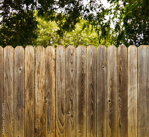 Privacy and security provided by rustic wood fence with green shade tree background