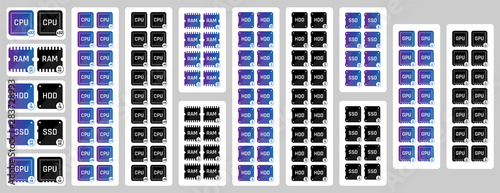 Computer parts icons set. CPU, RAM, HDD, SSD, GPU. Different specifications. 