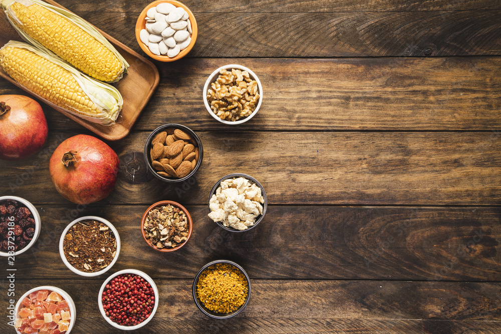 Flat lay food frame with grains and copy-space Flat lay food frame with grains and copy-space
