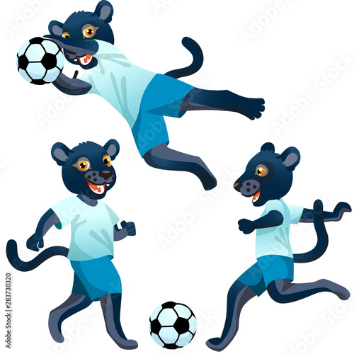 Three panthers as the footballers in uniform in dynamic poses with the soccer ball